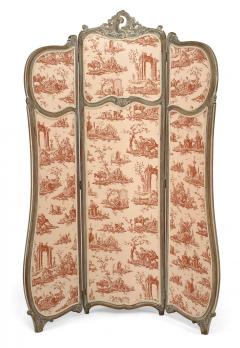 French Louis XV Style 3 Fold Screen with Toile Upholstered Panels - 4652736