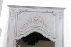 French Louis XV Style Grey Painted Trumeau Mirror with Carved Floral Decor - 3424548