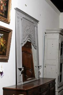 French Louis XV Style Grey Painted Trumeau Mirror with Carved Floral Decor - 3424672