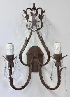 French Louis XV Style Wrought Iron Crystal Two Arm Wall Sconce a Pair - 3786683