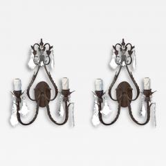 French Louis XV Style Wrought Iron Crystal Two Arm Wall Sconce a Pair - 3789147