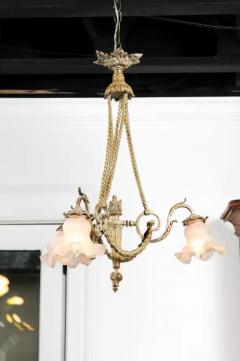 French Louis XVI Style 19th Century Bronze Three Light Chandelier with Torch - 3427056