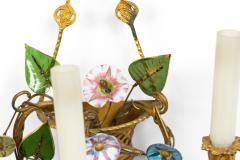 French Louis XVI Style Bronze Dore and Opaline Floral Wall Sconces - 4656178