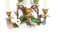 French Louis XVI Style Bronze Dore and Opaline Floral Wall Sconces - 4656180