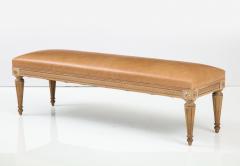 French Louis XVI Style Carved Pine Bench with Leather Seat - 2402696