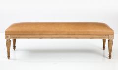 French Louis XVI Style Carved Pine Bench with Leather Seat - 2402705