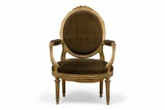 French Louis XVI Style Oval Back Carved Wood Green Velvet Upholstered Armchair - 4665032