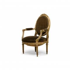 French Louis XVI Style Oval Back Carved Wood Green Velvet Upholstered Armchair - 4728888