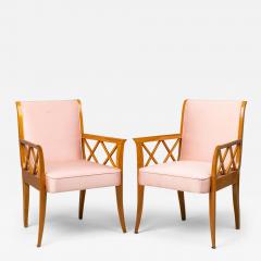 French Maple Lattice Pink Upholstered Arm Chairs 1 - 3177932