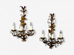 French Marie Therese Style Cherub Wall Sconces Gilt Brass Crystal 1950s - 4692531