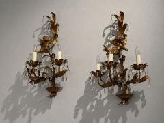 French Marie Therese Style Cherub Wall Sconces Gilt Brass Crystal 1950s - 4692532