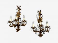 French Marie Therese Style Cherub Wall Sconces Gilt Brass Crystal 1950s - 4692533