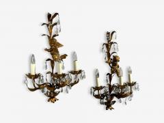 French Marie Therese Style Cherub Wall Sconces Gilt Brass Crystal 1950s - 4692534