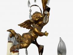 French Marie Therese Style Cherub Wall Sconces Gilt Brass Crystal 1950s - 4692535