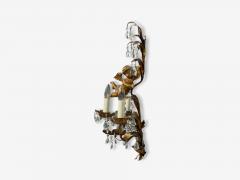 French Marie Therese Style Cherub Wall Sconces Gilt Brass Crystal 1950s - 4692540