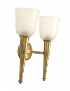 French Mid Century Brass and Frosted Glass Torch Wall Sconces - 4653345