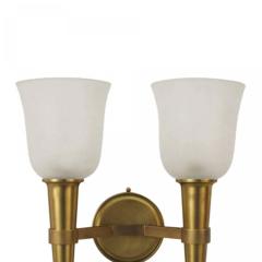 French Mid Century Brass and Frosted Glass Torch Wall Sconces - 4653348