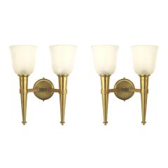 French Mid Century Brass and Frosted Glass Torch Wall Sconces - 4708422