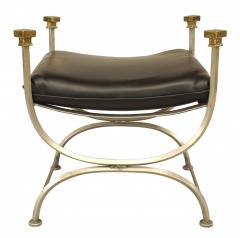 French Mid Century Campaign Style Black Leather Ottoman - 4729355