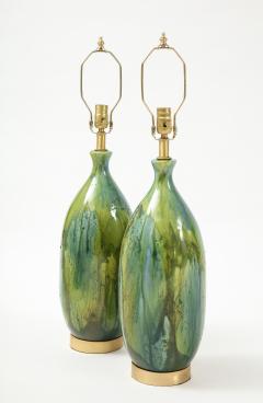 French Mid Century Green Blue Ceramic Lamps - 1502592