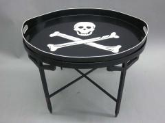 French Mid Century Iron Coffee Table with Tole Skull Cross Bones Serving Tray - 1787512