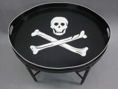 French Mid Century Iron Coffee Table with Tole Skull Cross Bones Serving Tray - 1787513