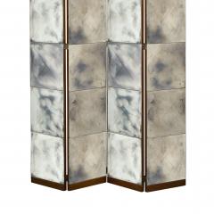 French Mid Century Modern 4 Panel Walnut Antiqued Tessellated Mirrored Screen - 2365661
