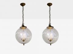 French Mid Century Modern Brass Blown Glass Globe Pendant Lights 1950s - 4207874