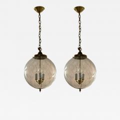 French Mid Century Modern Brass Blown Glass Globe Pendant Lights 1950s - 4208541