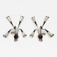 French Mid Century Modern Five Arm Sconces Brass Crystal France 1950s - 3539169
