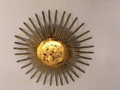 French Mid Century Modern Neoclassical Gilt Iron Sunburst Flush Mount or Pendant - 1759336