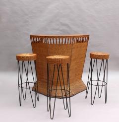 French Mid Century Rattan Bar and 3 Matching Stools - 2399727