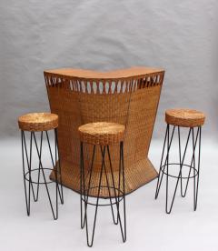 French Mid Century Rattan Bar and 3 Matching Stools - 2399728