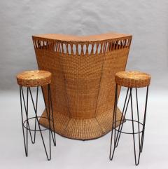 French Mid Century Rattan Bar and 3 Matching Stools - 2399729