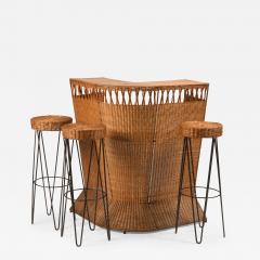 French Mid Century Rattan Bar and 3 Matching Stools - 2402005
