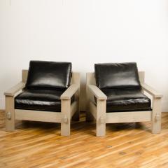 French Mid Century large club chairs in solid oak original leather cushions - 2033471