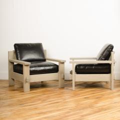 French Mid Century large club chairs in solid oak original leather cushions - 2033472