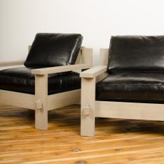 French Mid Century large club chairs in solid oak original leather cushions - 2033509