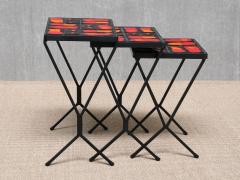 French Modern Set of 3 Nesting Tables with Red Orange Ceramic Tile Tops 1950s - 4633459
