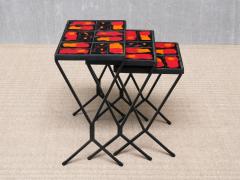 French Modern Set of 3 Nesting Tables with Red Orange Ceramic Tile Tops 1950s - 4633460