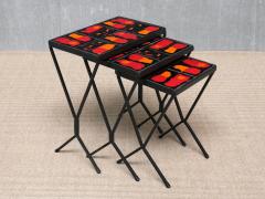 French Modern Set of 3 Nesting Tables with Red Orange Ceramic Tile Tops 1950s - 4633461