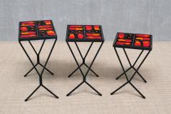 French Modern Set of 3 Nesting Tables with Red Orange Ceramic Tile Tops 1950s - 4633462