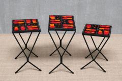 French Modern Set of 3 Nesting Tables with Red Orange Ceramic Tile Tops 1950s - 4633463