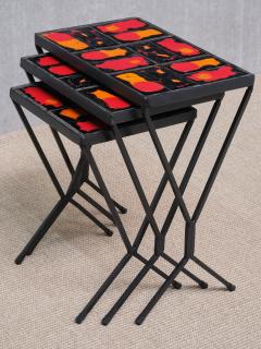 French Modern Set of 3 Nesting Tables with Red Orange Ceramic Tile Tops 1950s - 4633465