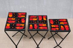 French Modern Set of 3 Nesting Tables with Red Orange Ceramic Tile Tops 1950s - 4633468