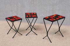 French Modern Set of 3 Nesting Tables with Red Orange Ceramic Tile Tops 1950s - 4633469