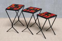 French Modern Set of 3 Nesting Tables with Red Orange Ceramic Tile Tops 1950s - 4633471