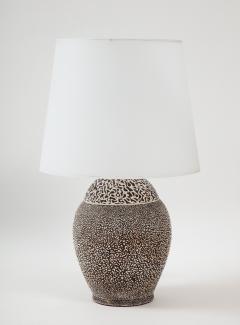 French Moderne Enamel Glaze Ceramic Lamp Mottled Design Parchment Shade 1940s - 2458643