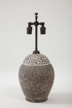 French Moderne Enamel Glaze Ceramic Lamp Mottled Design Parchment Shade 1940s - 2458644