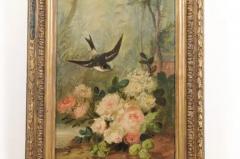 French Napol on III 1850s Oil on Canvas Framed Painting with Bird and Roses - 3485472